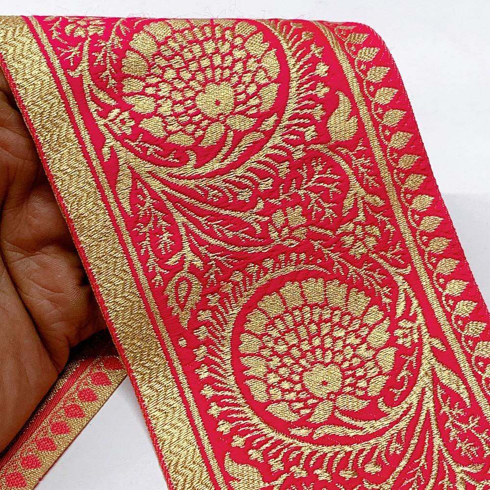 100mm Flower Design Banarasi Jacquard Lace, shown on white cotton