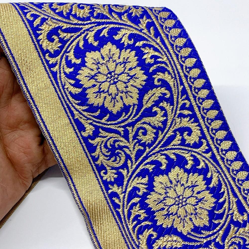 100mm Flower Design Banarasi Jacquard Lace, shown on white cotton