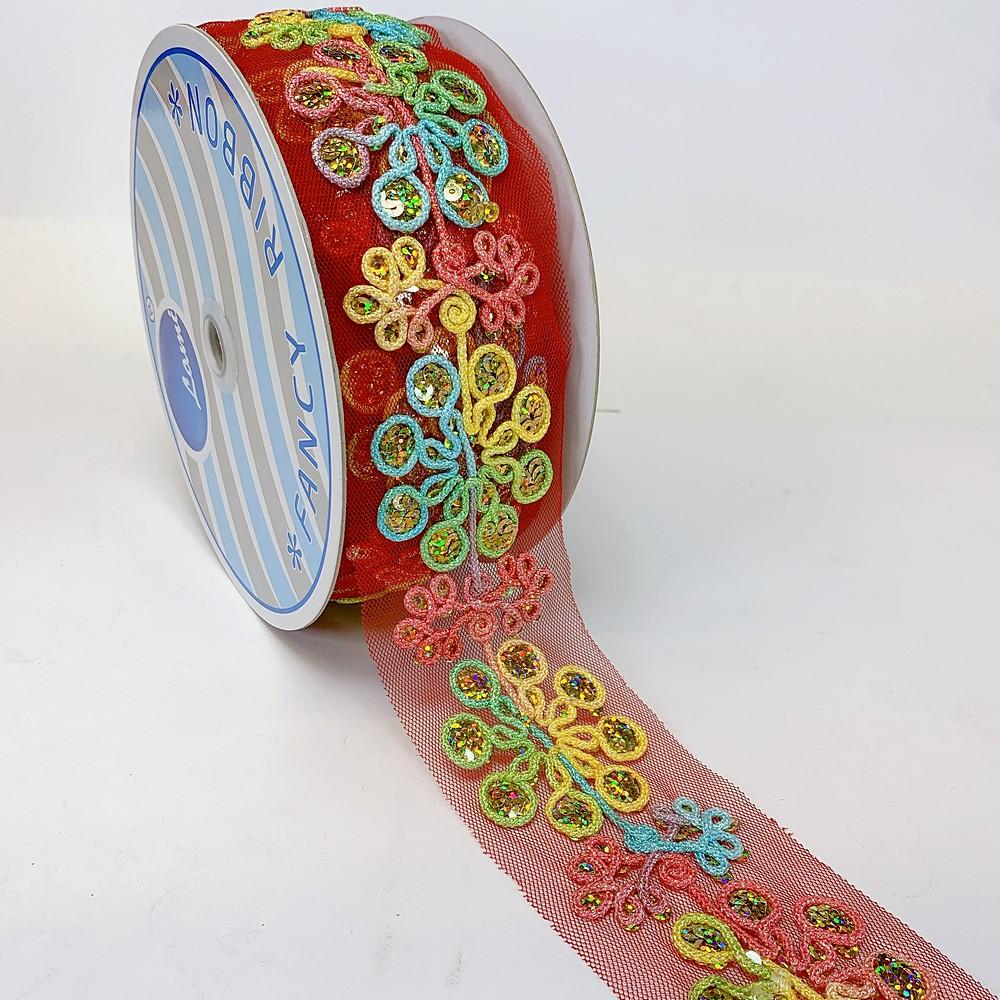 65mm Designer Embroidery Lace With Multicolour Sequins And Dori Work, shown on white cotton
