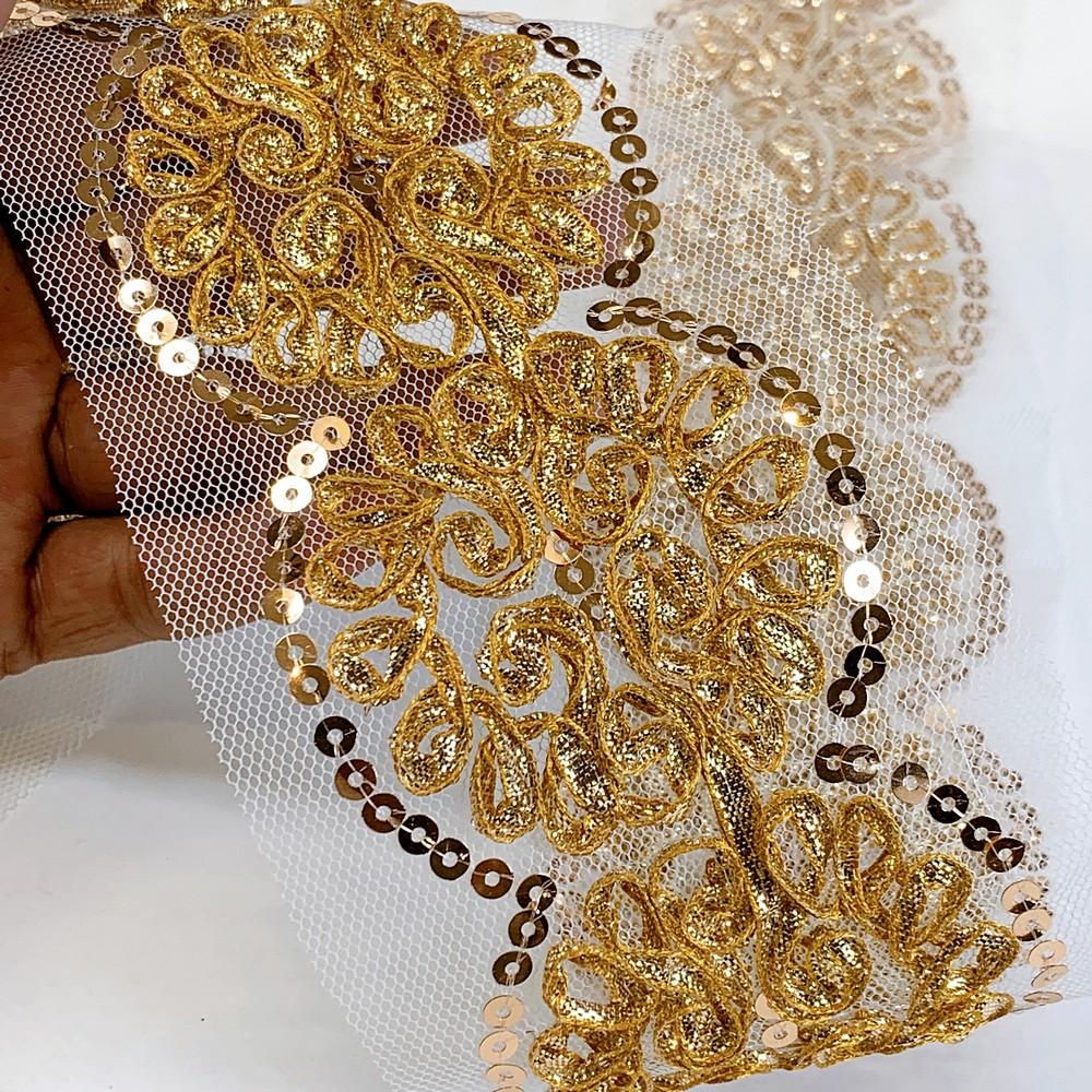 92 mm Flower Design Embroidery Lace With Sequins Work, shown on white cotton