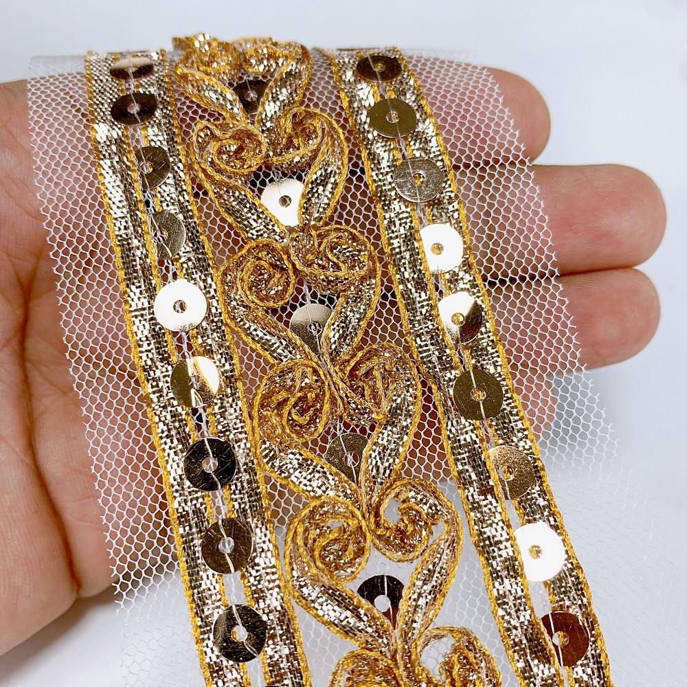 64 mm Designer Embroidery Lace With Sequins Work, shown on white cotton