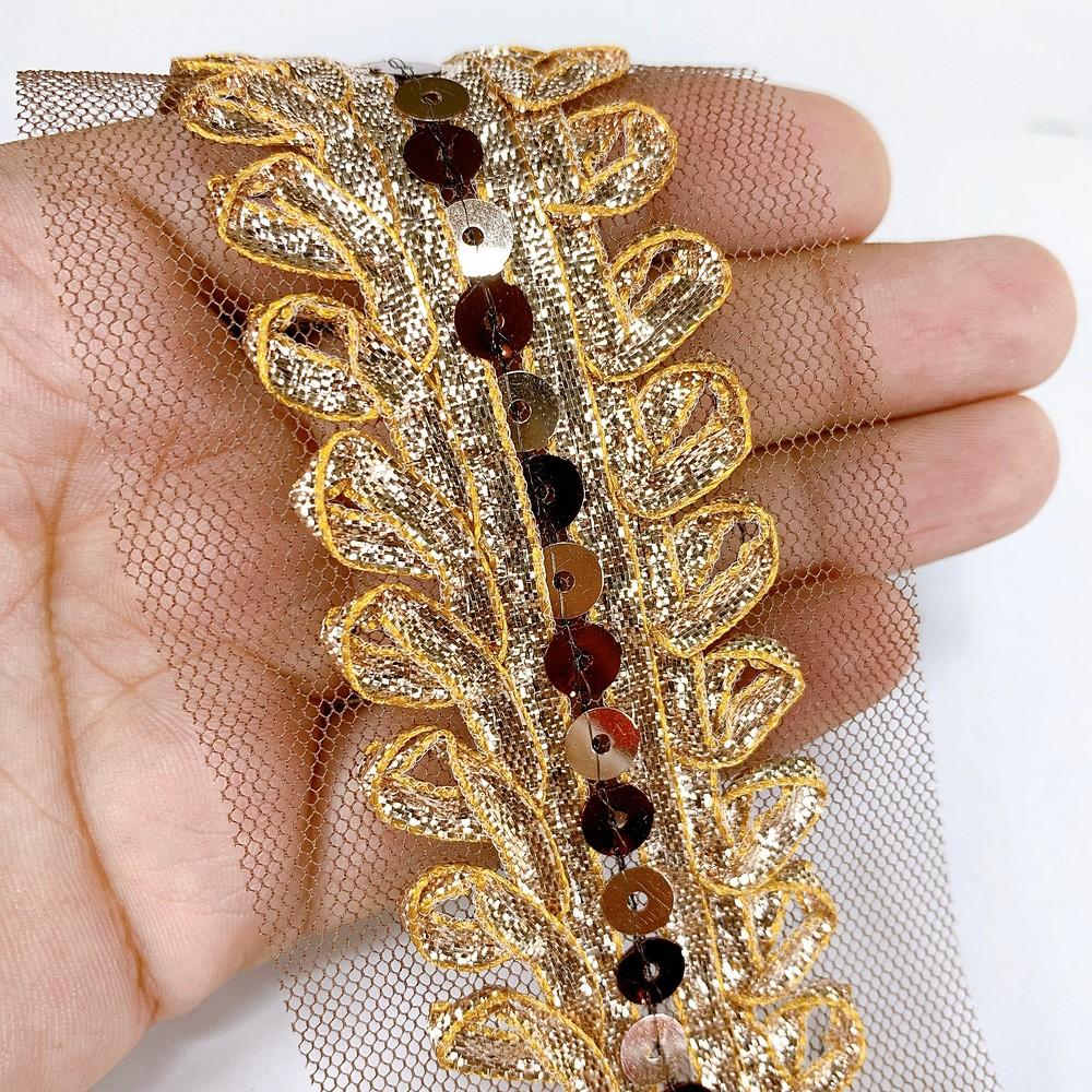 62 mm Designer Embroidery Lace With Sequins Work, shown on white cotton
