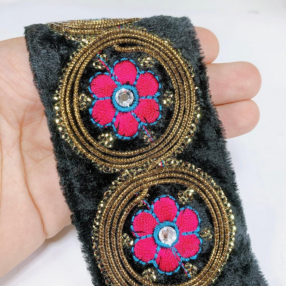 55mm Designer Velvet Embroidery Lace With Sequins work, shown on white cotton