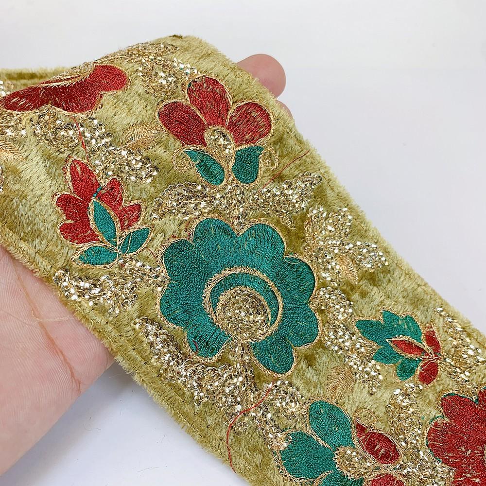 95mm Designer Velvet Embroidery Lace With Sequins Work, shown on white cotton