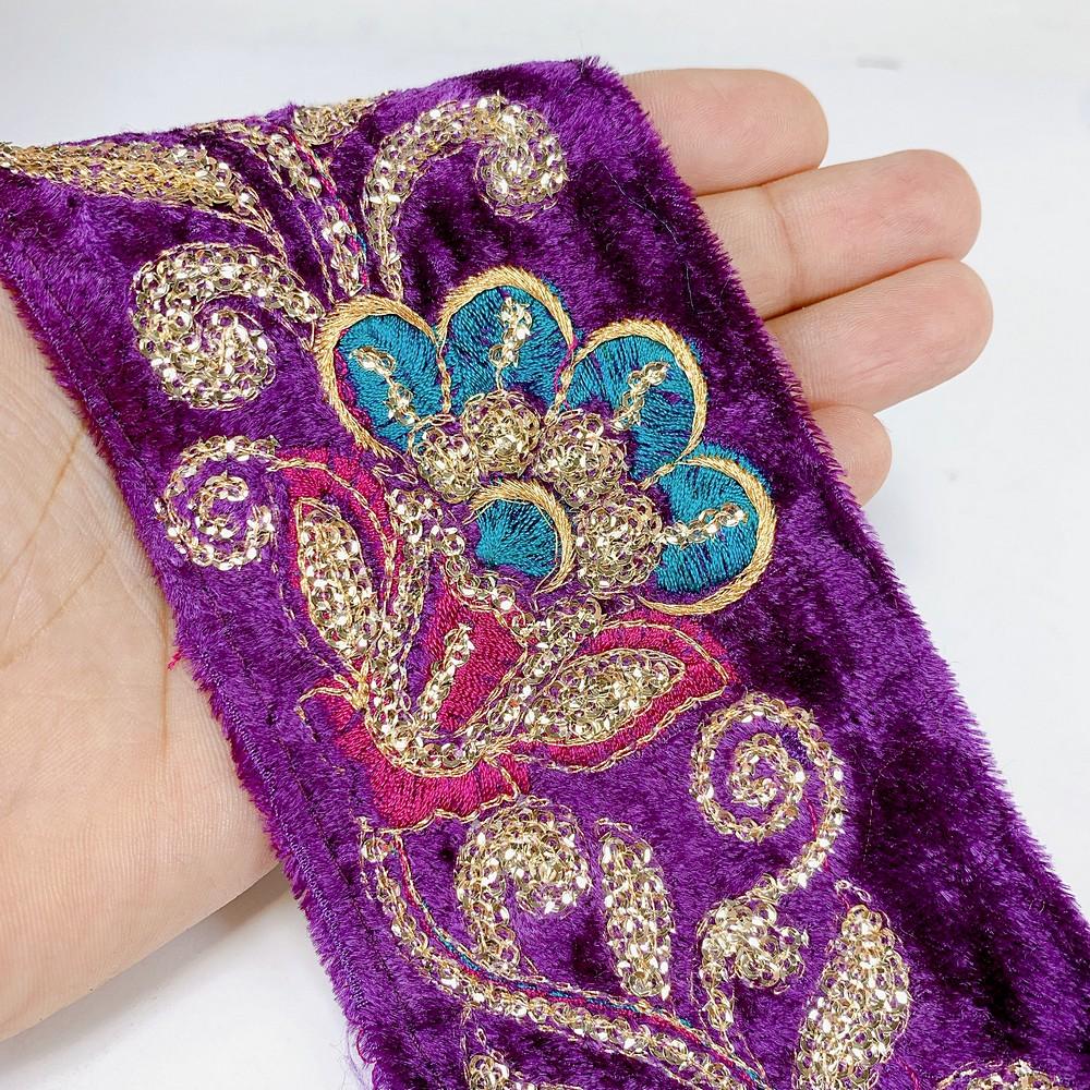 65mm Designer Flower Embroidery Lace With Sequins Work, shown on white cotton