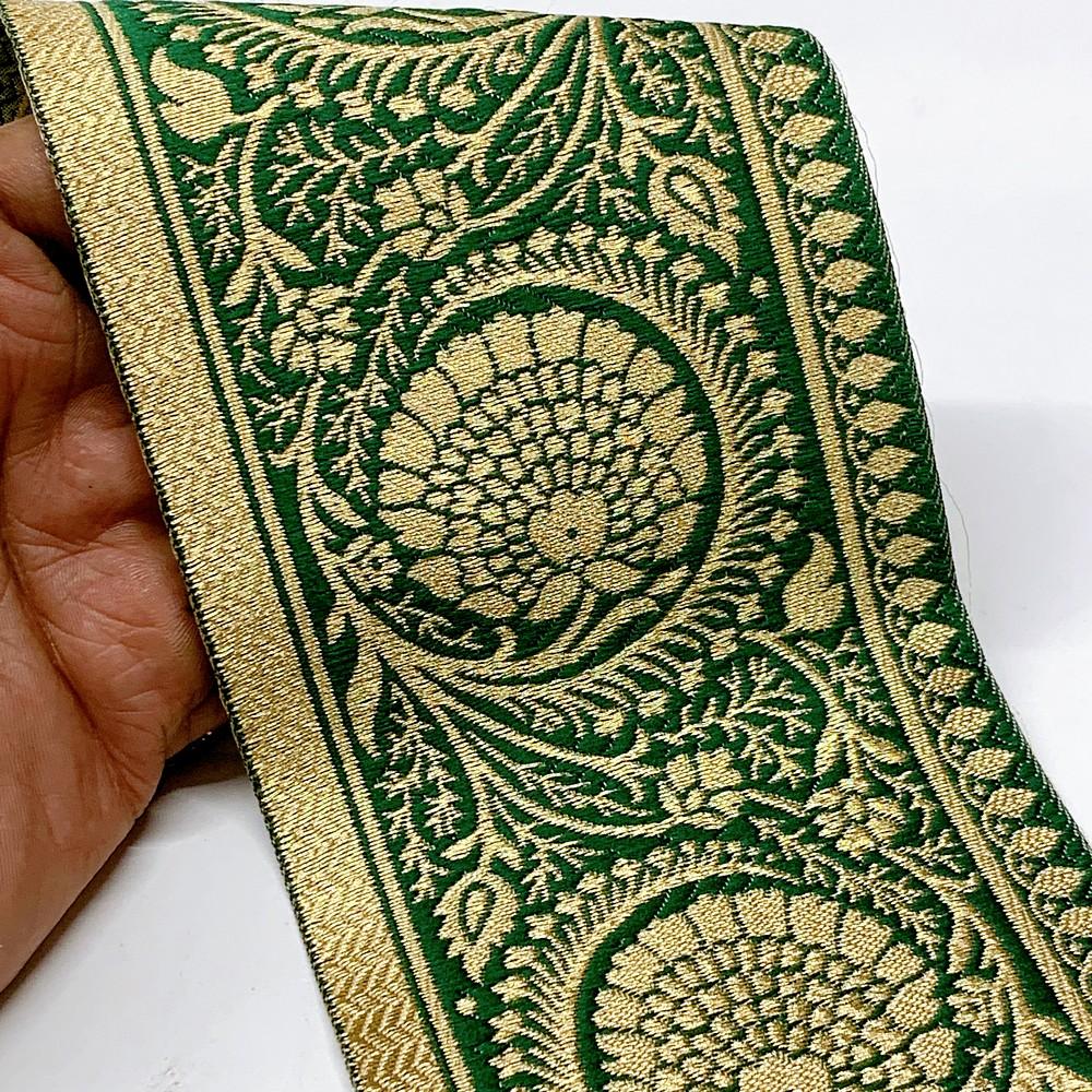 100mm Flower Design Banarasi Jacquard Lace, shown on white cotton