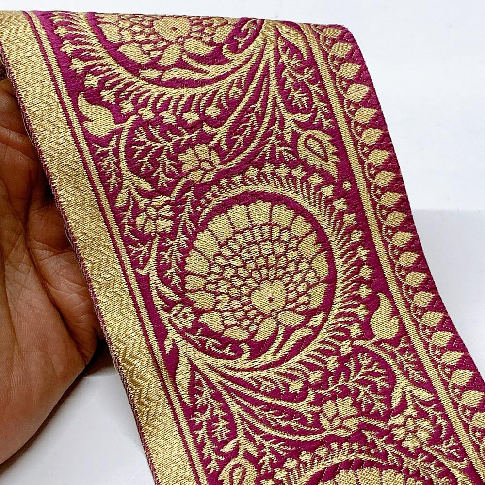 100mm Flower Design Banarasi Jacquard Lace, shown on white cotton