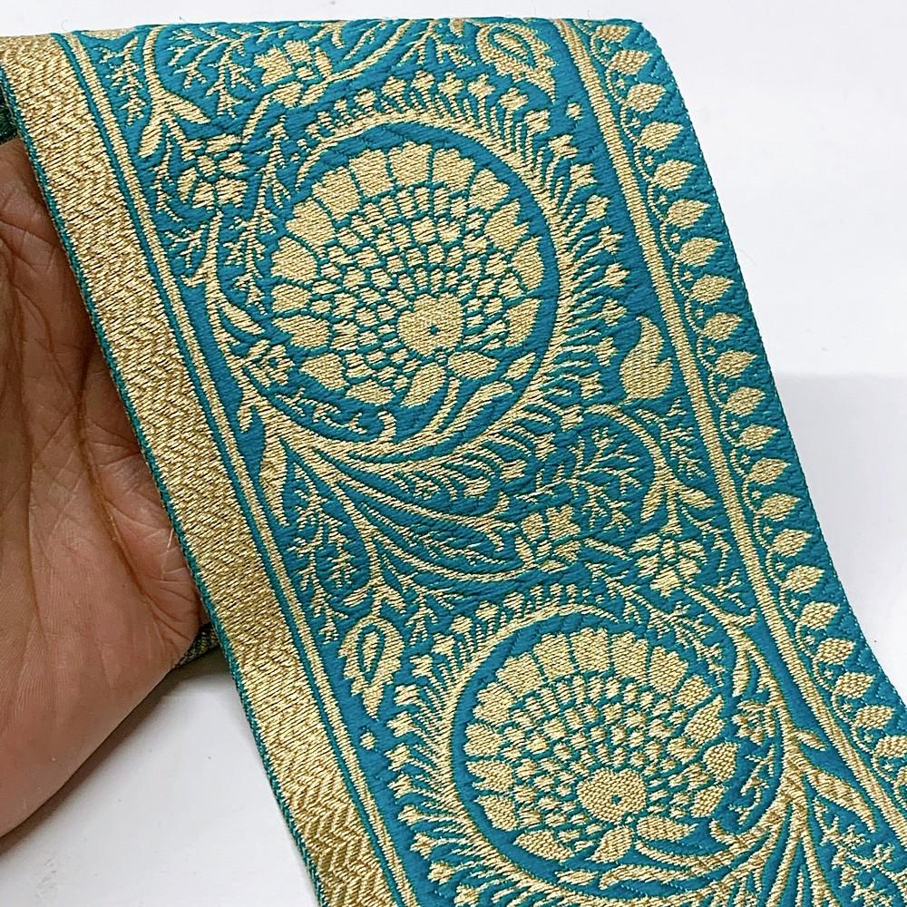 100mm Flower Design Banarasi Jacquard Lace, shown on white cotton