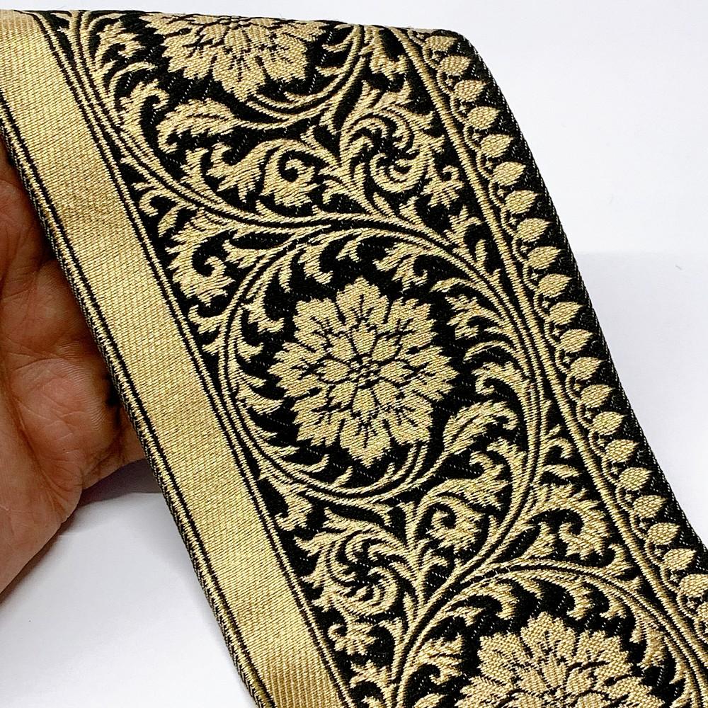 100mm Flower Design Banarasi Jacquard Lace, shown on white cotton