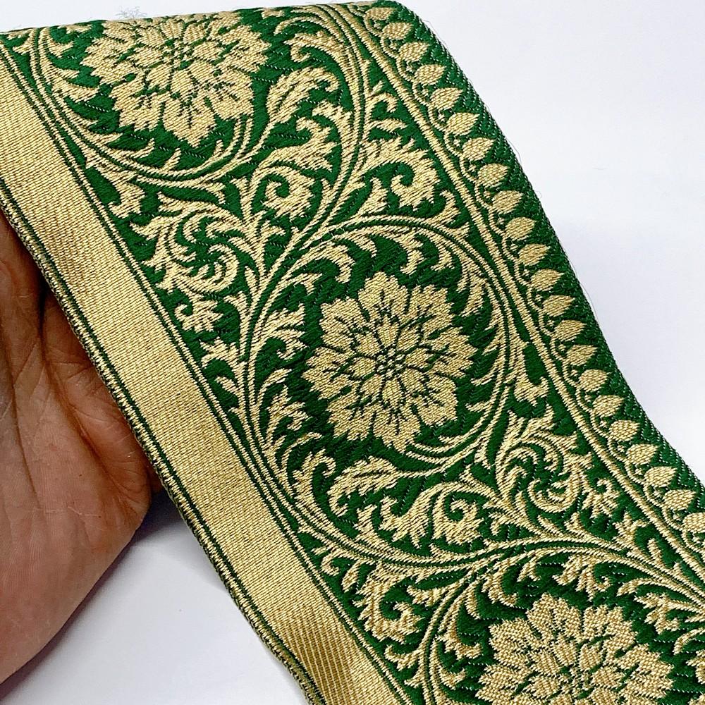 100mm Flower Design Banarasi Jacquard Lace, shown on white cotton