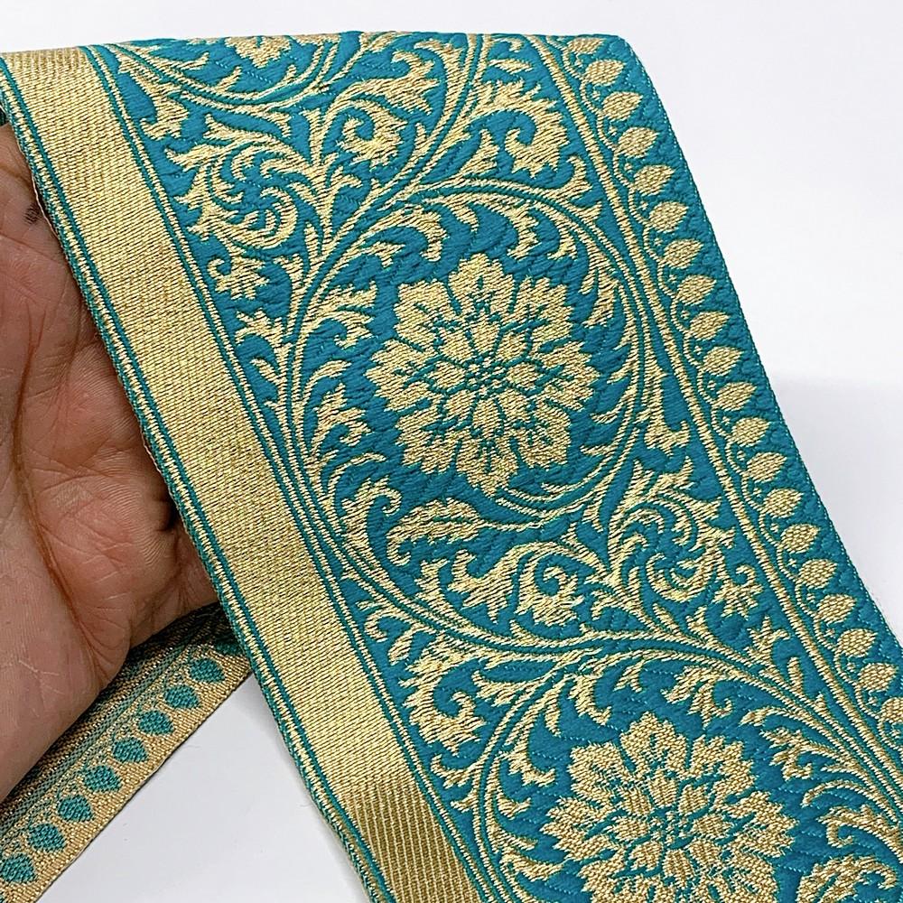 100mm Flower Design Banarasi Jacquard Lace, shown on white cotton