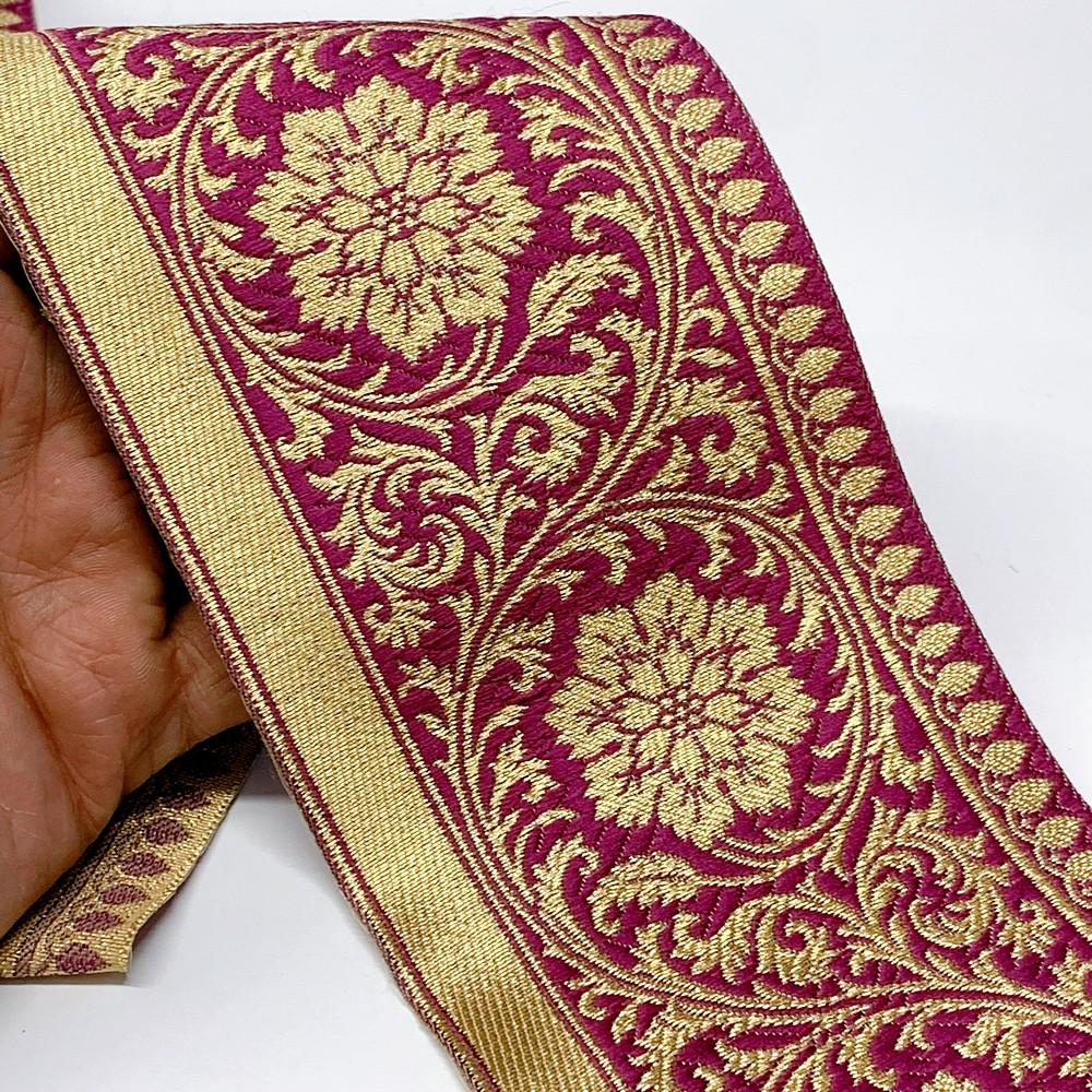 100mm Flower Design Banarasi Jacquard Lace, shown on white cotton