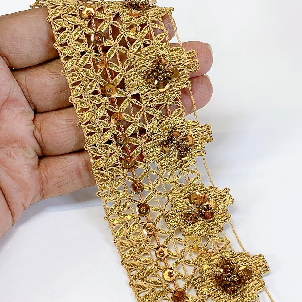 54 mm Designer Lace With Sequins Work, shown on white cotton