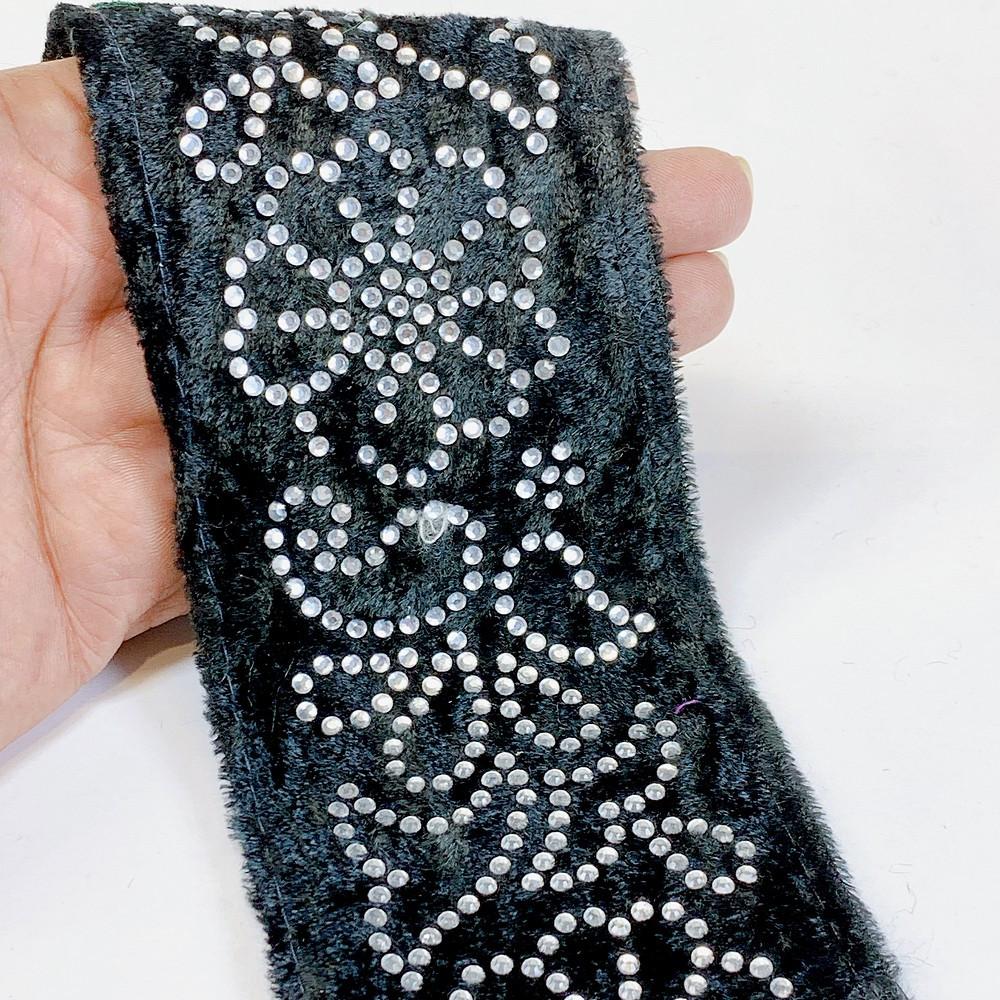 70mm Designer Velvet Lace With Flower Design Stone Work, shown on white cotton