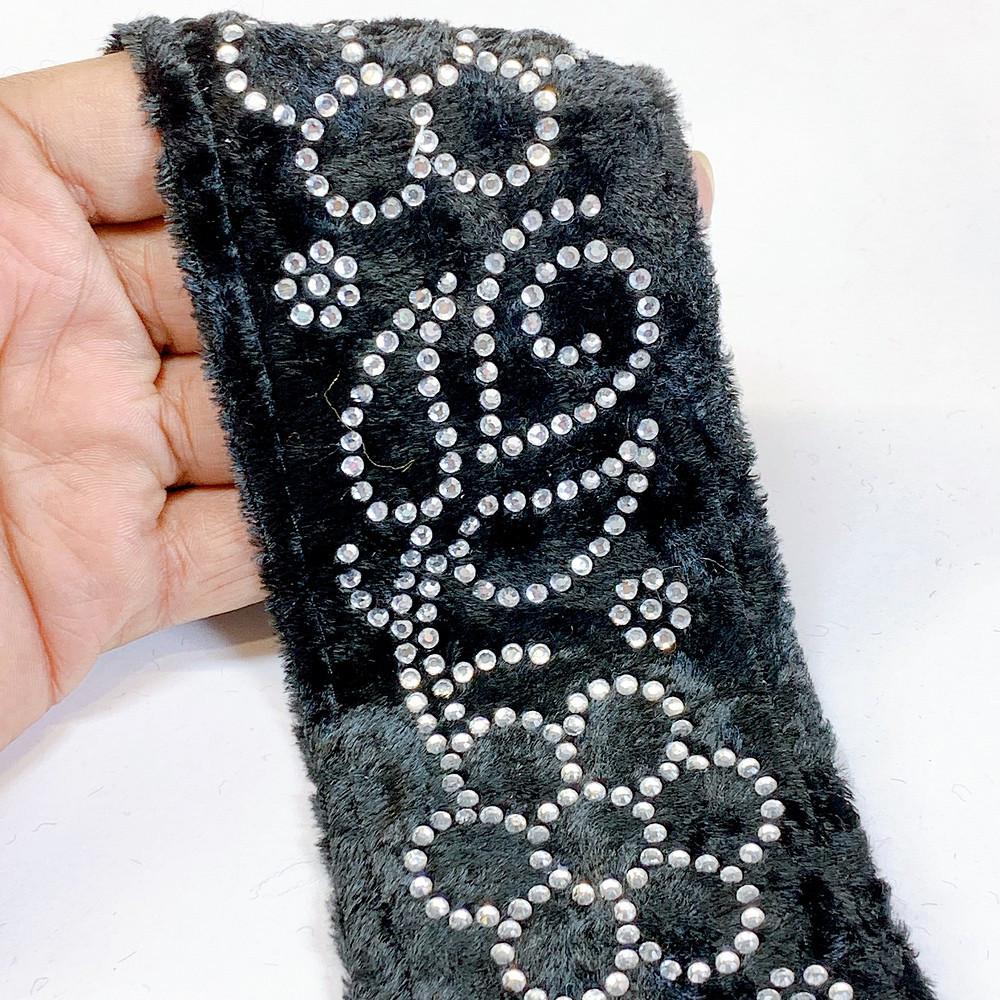 65mm Designer Velvet Lace With Flower Design Stone Work, shown on white cotton