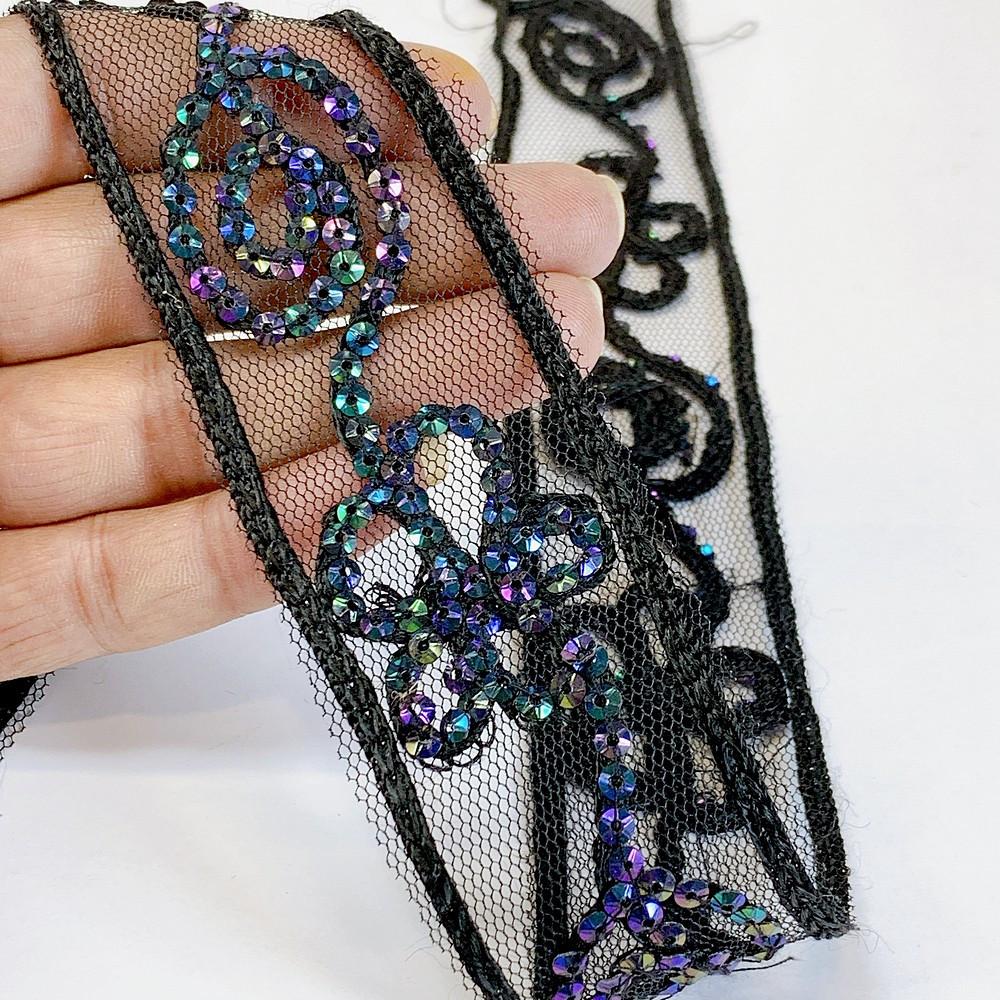 44 mm Designer Embroidery Lace With Sequins Work, shown on white cotton