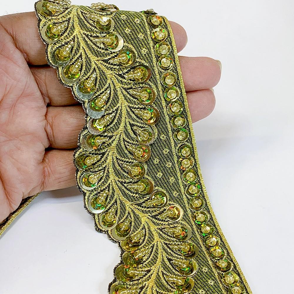 50mm Designer Cutwork Embroidery Lace With Stone Work, shown on white cotton