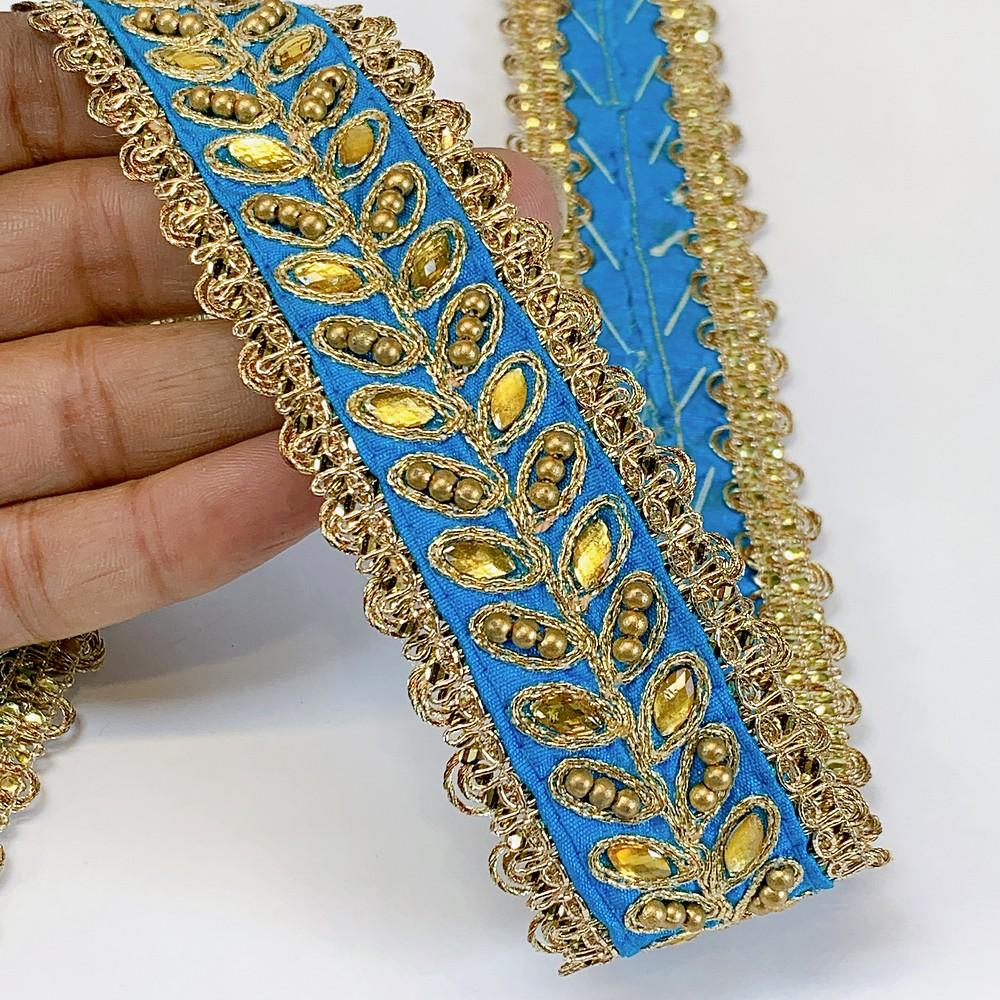 35mm Designer Embroidery Lace With Stone Work, shown on white cotton