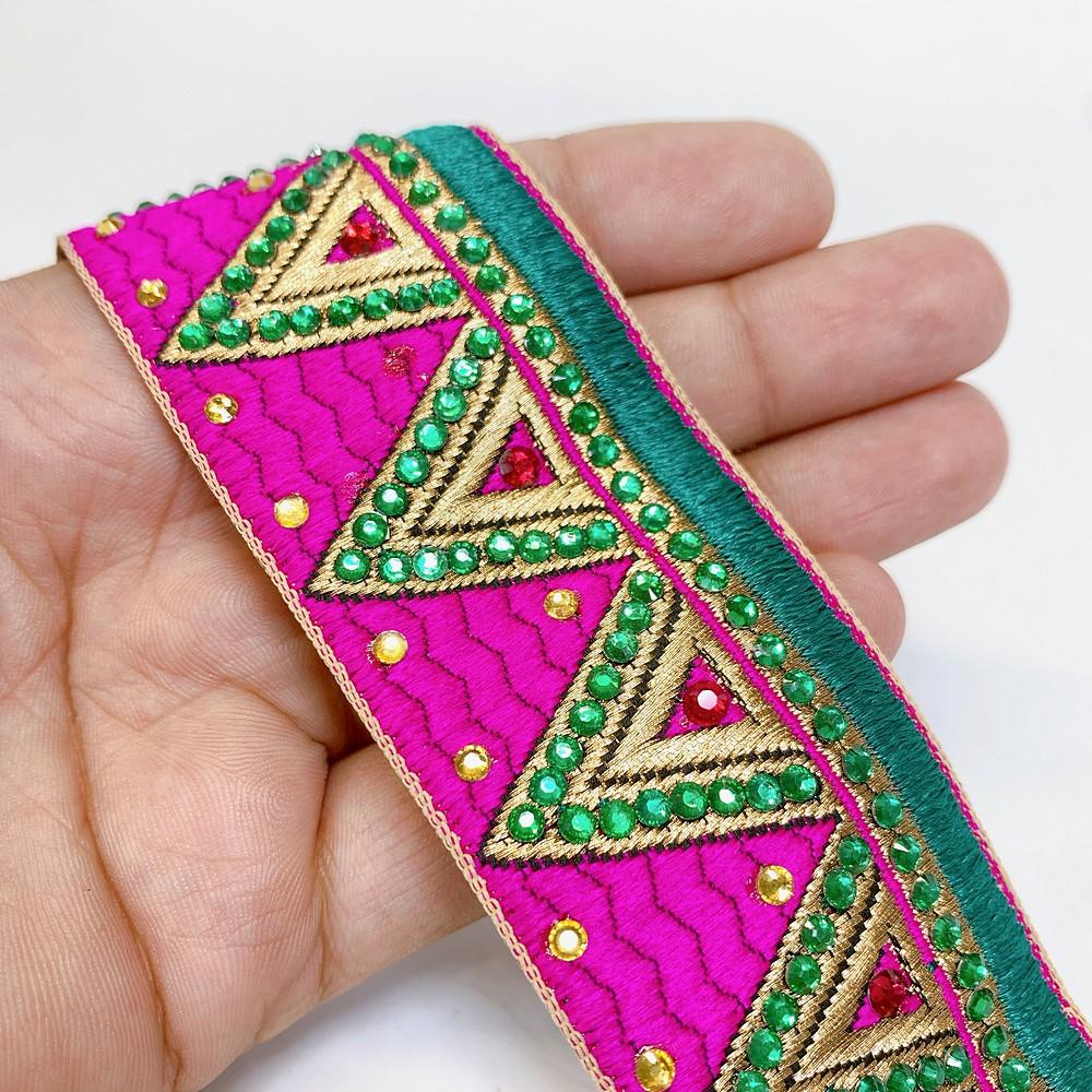 38 mm Triangle Design Jacquard Lace With Stone Work, shown on white cotton