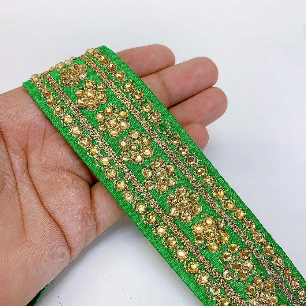 38 mm Designer Embroidery Lace With Stone Work, shown on white cotton