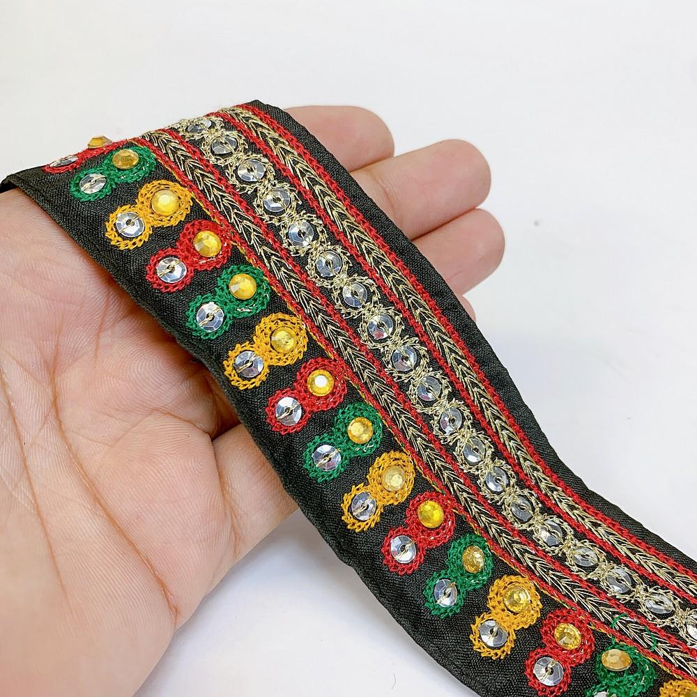 40mm Designer Colorful Embroidery Lace With Stone Work, shown on white cotton