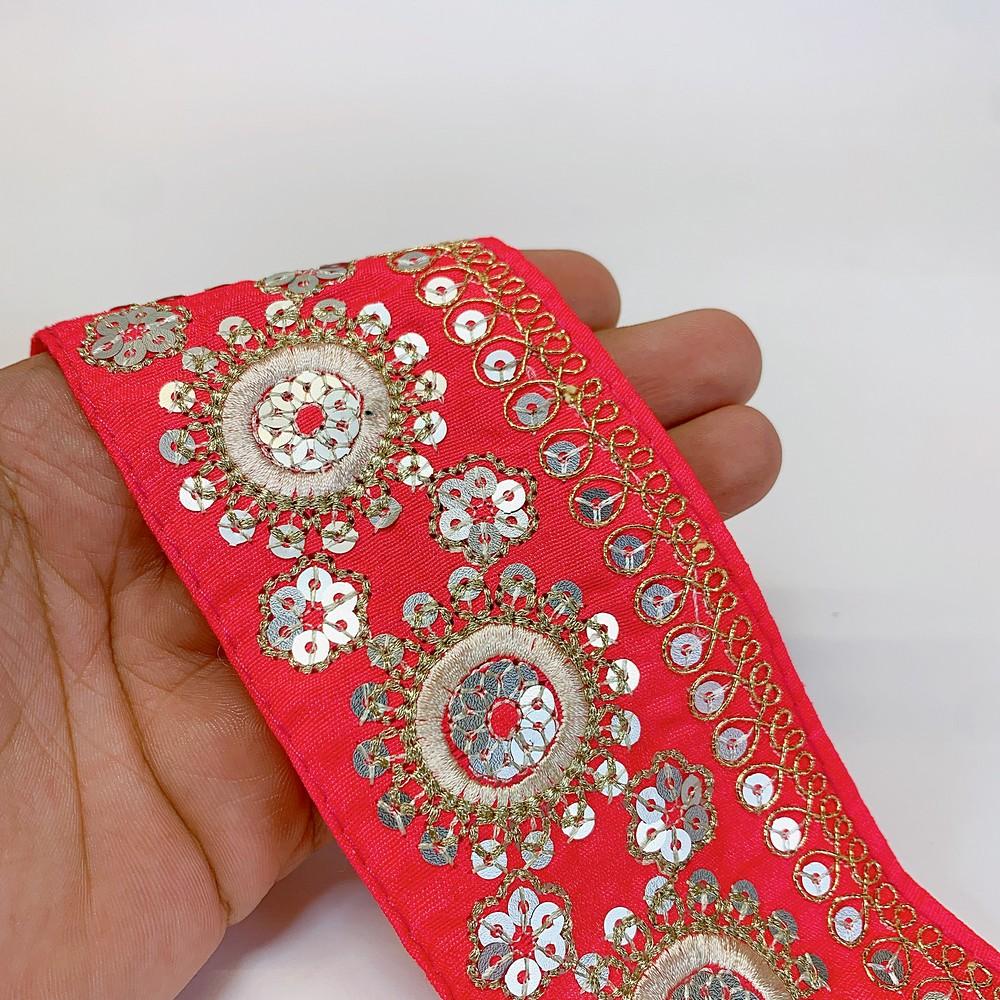 60mm Designer Embroidery Lace With Sequins Work, shown on white cotton