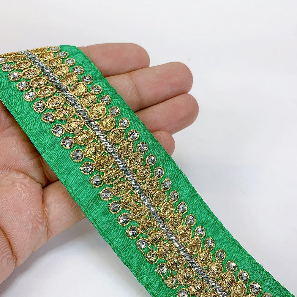 30mm Designer Embroidery Lace With Sequins Work, shown on white cotton