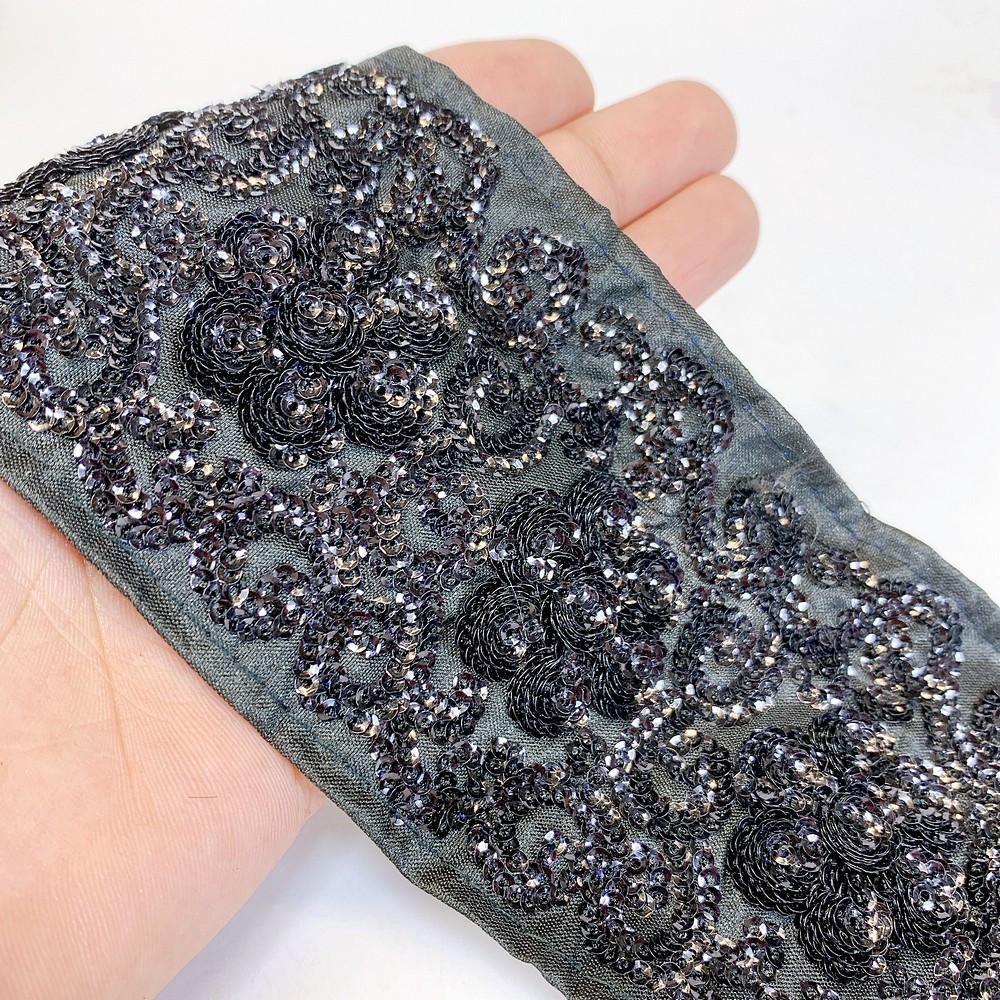 80mm Designer Sequins Work Embroidery Lace, shown on white cotton