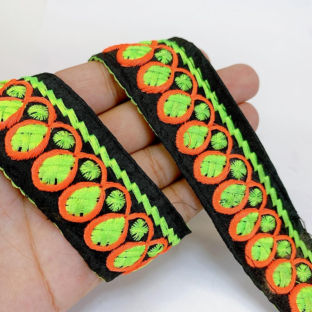 32 mm Designer Colorful Embroidery Lace, shown on white cotton