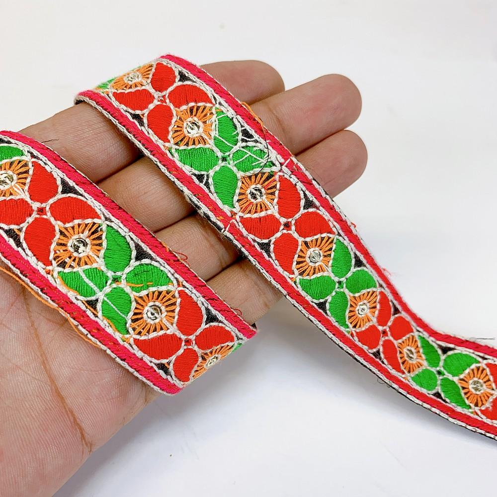28 mm Designer Embroidery Lace With Sequins Work, shown on white cotton