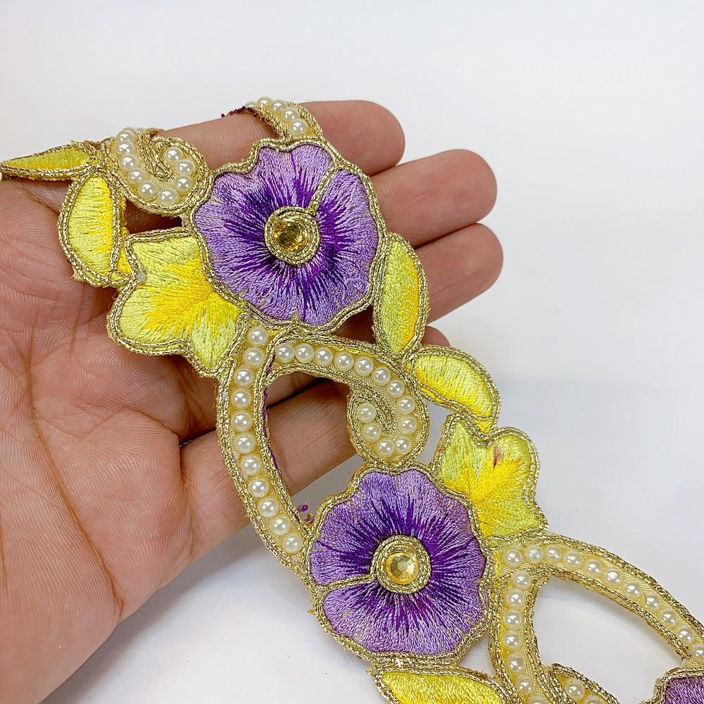 55mm Designer Flower Cutwork Embroidery Lace With Stone Work, shown on white cotton