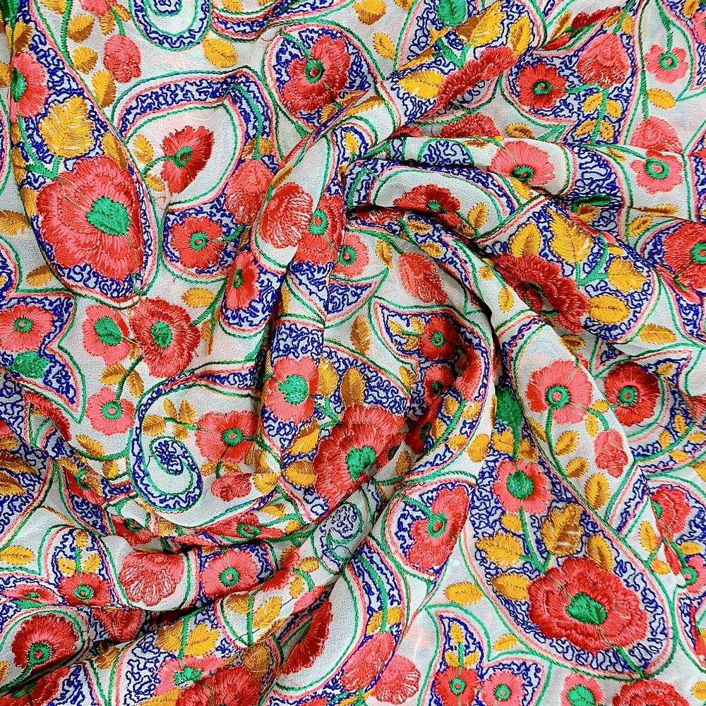 Parsi Embroidery Work On Georgette Fabric, shown on white cotton