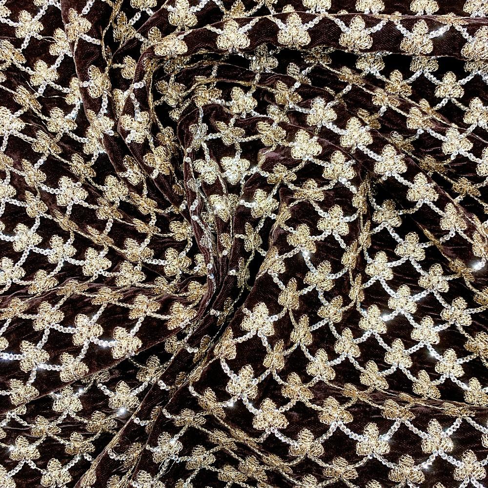 Sequins Embroidery Work On Velvet Fabric, shown on white cotton