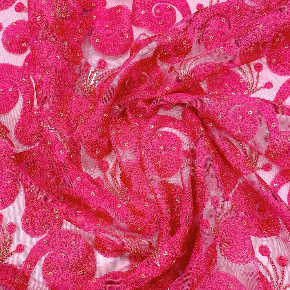 Embroidery Work On Net Fabric, shown on white cotton