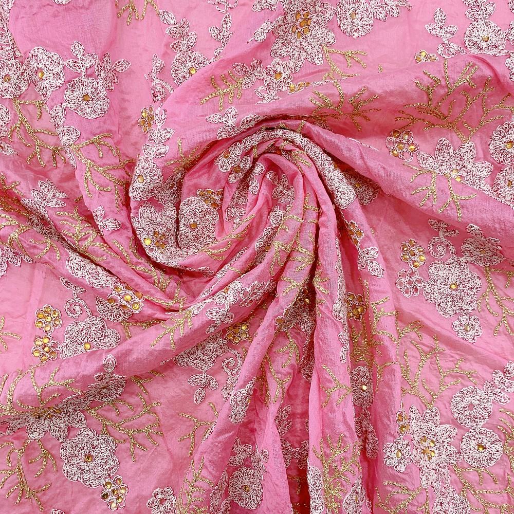Embroidery Work On Cotton Fabric With Stone Work, shown on white cotton