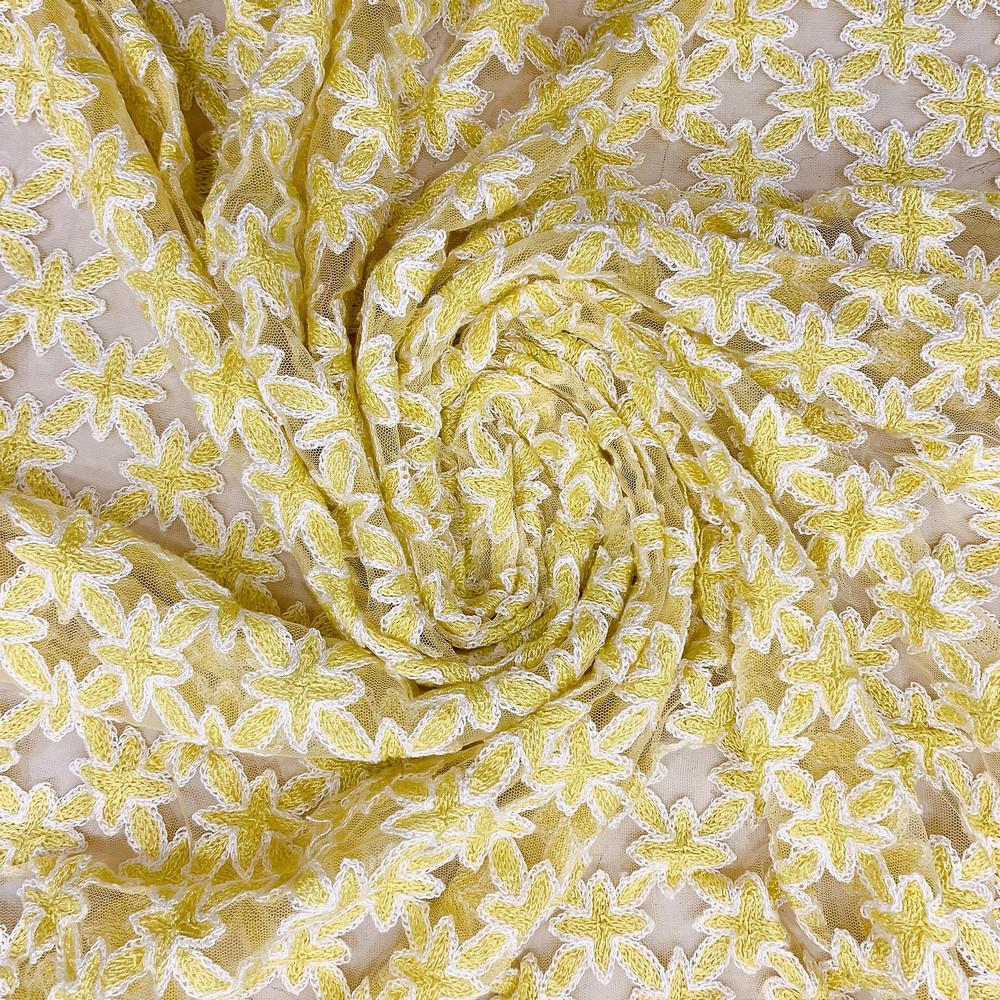 Embroidery Work On Net Fabric, shown on white cotton