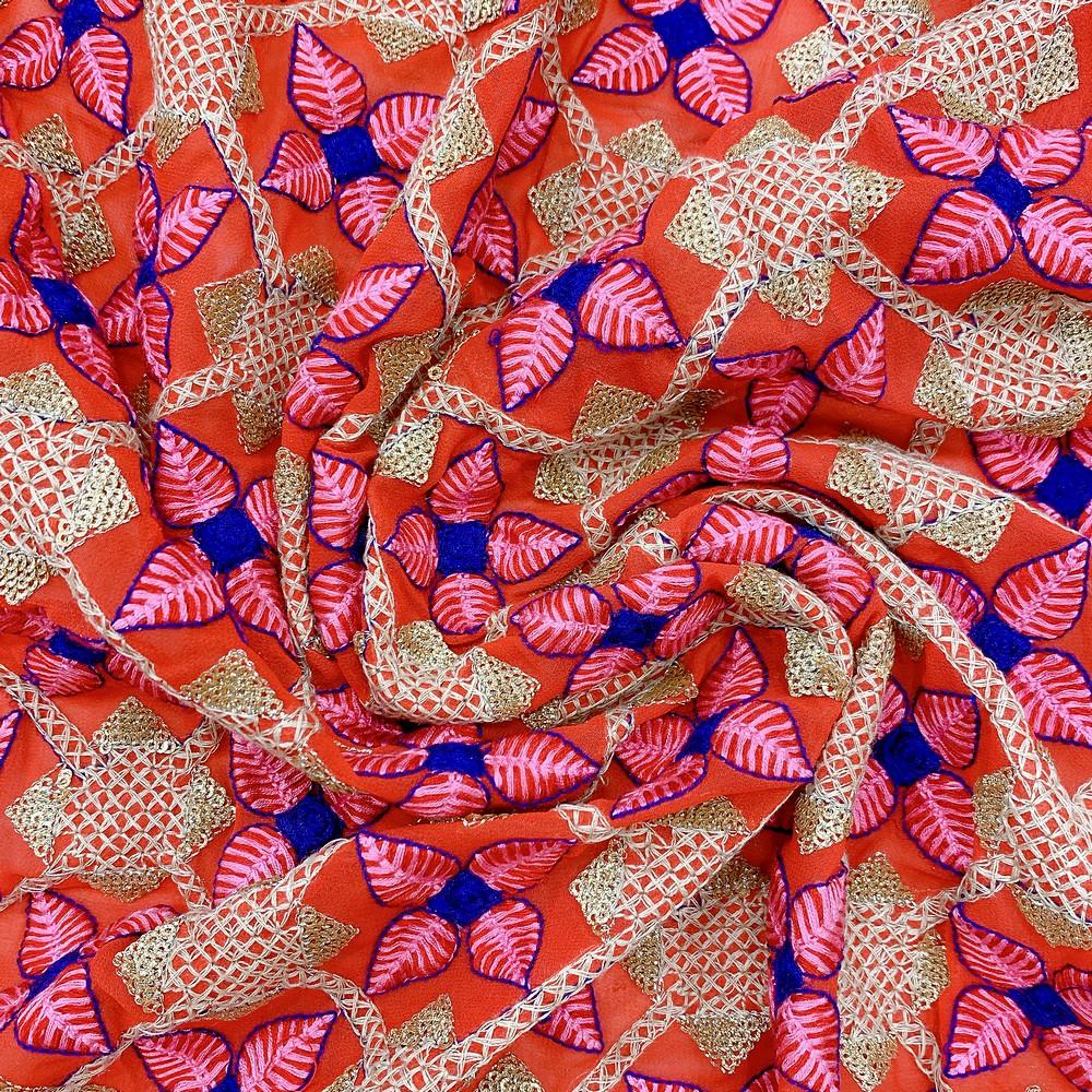 Parsi Embroidery Work On Net Fabric, shown on white cotton