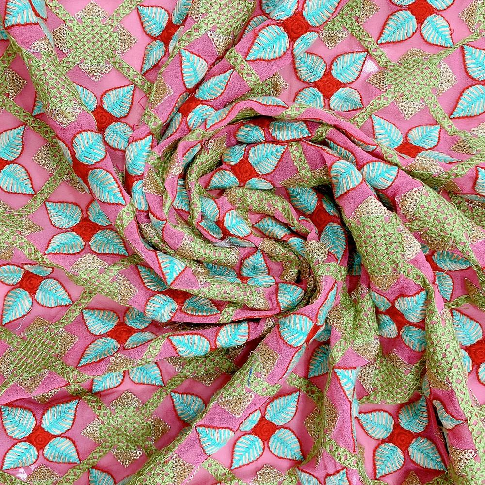 Parsi Embroidery Work On Net Fabric, shown on white cotton