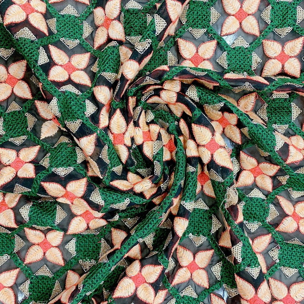 Parsi Embroidery Work On Net Fabric, shown on white cotton