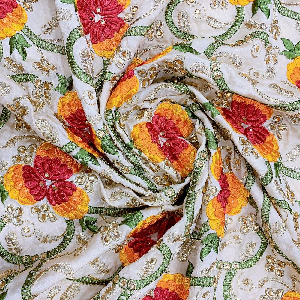 Embroidery Work On Cotton Fabric With Stone Work, shown on white cotton