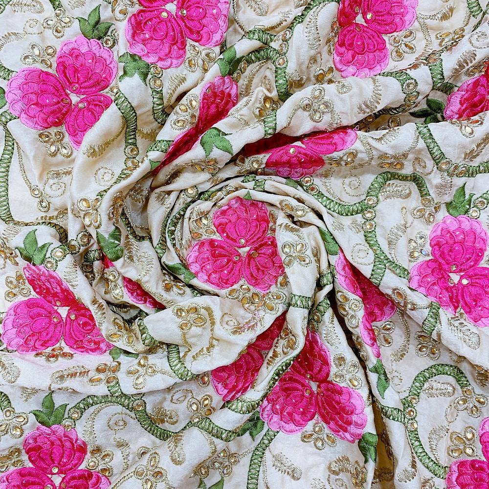 Embroidery Work On Cotton Fabric With Stone Work, shown on white cotton