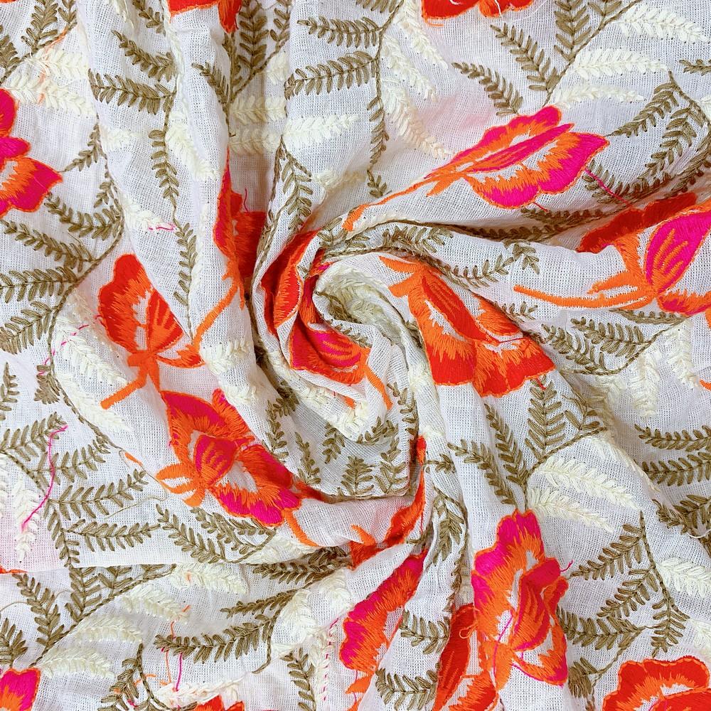 Parsi Embroidery Work On Georgette Fabric, shown on white cotton