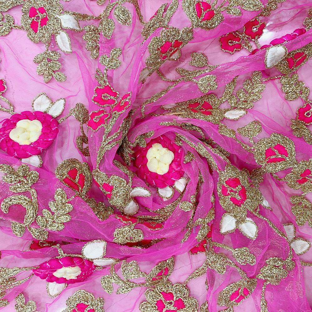 Embroidery Work On Net Fabric, shown on white cotton