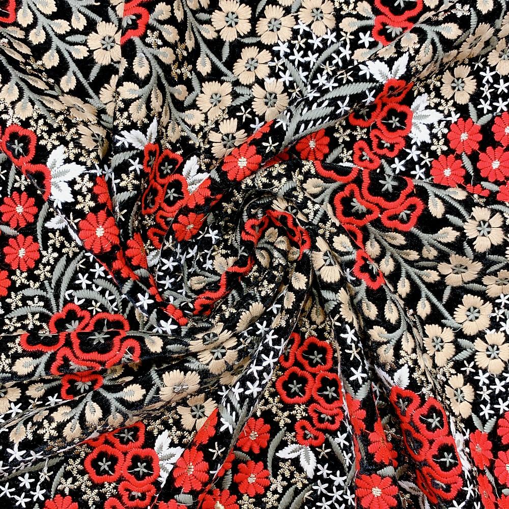 Embroidery Work On Velvet Fabric, shown on white cotton