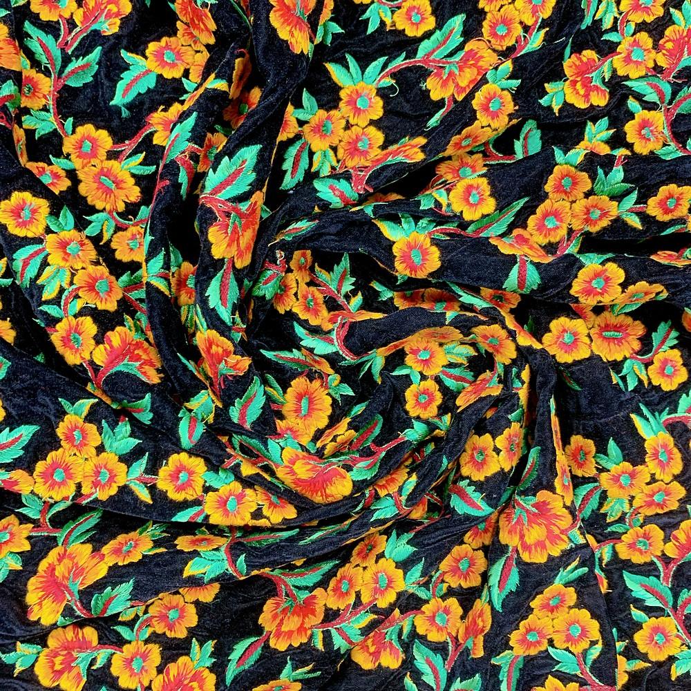 Embroidery Work On Velvet Fabric, shown on white cotton