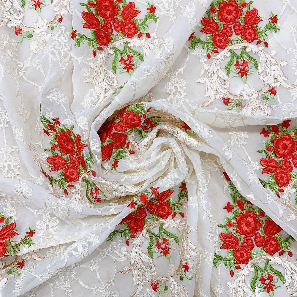 Embroidery Butta Work On Georgette Fabric, shown on white cotton