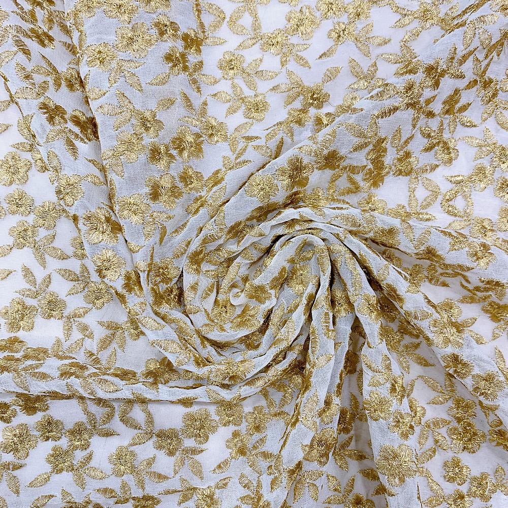 Golden Embroidery Work On Georgette Fabric, shown on white cotton