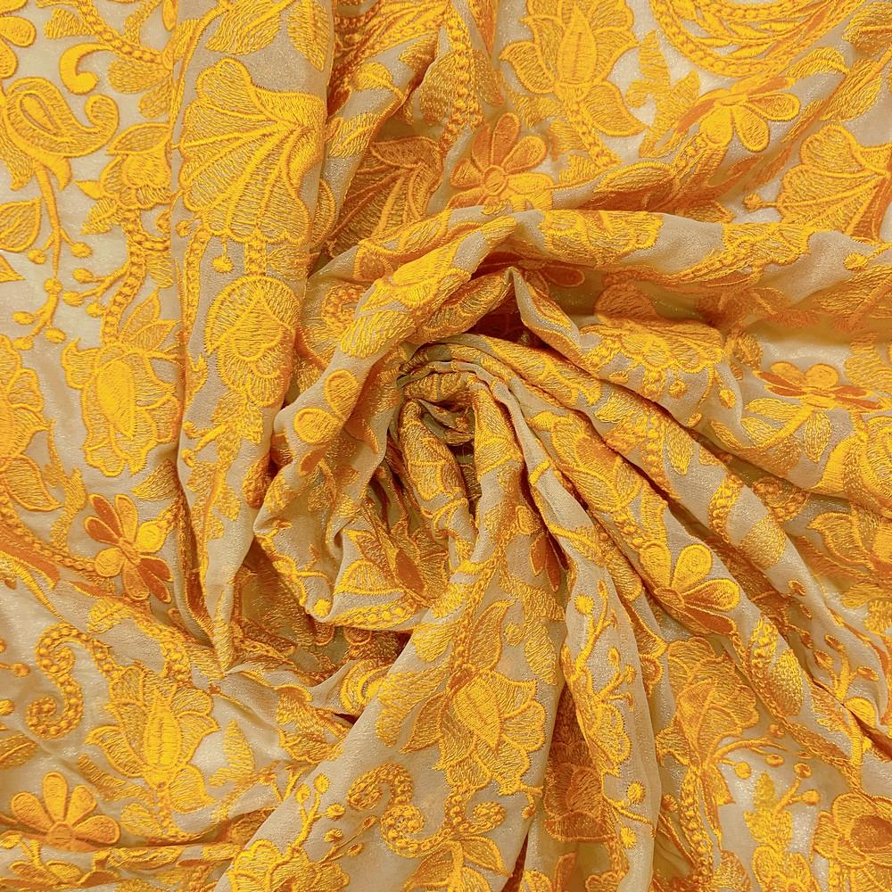 Embroidery Work On Georgette Fabric, shown on white cotton