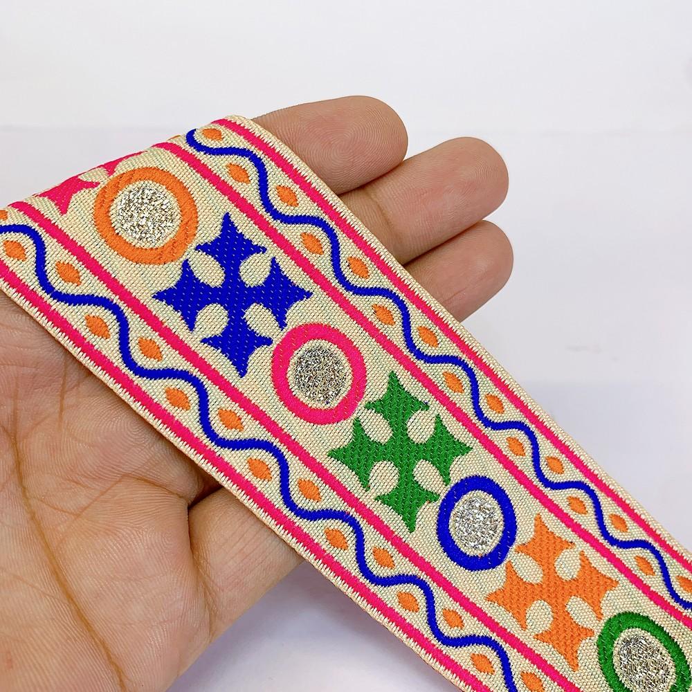 48 mm Kutchi Design Jacquard Lace With Zari Work, shown on white cotton