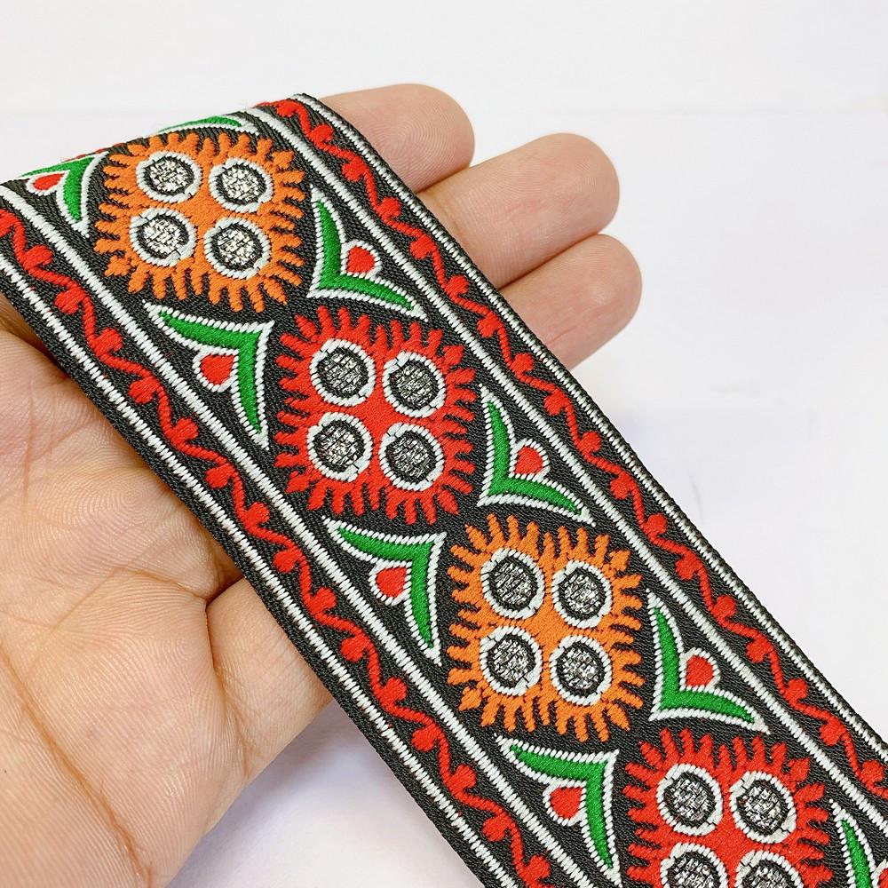 48 mm Kutchi Design Jacquard Lace With Zari Work, shown on white cotton